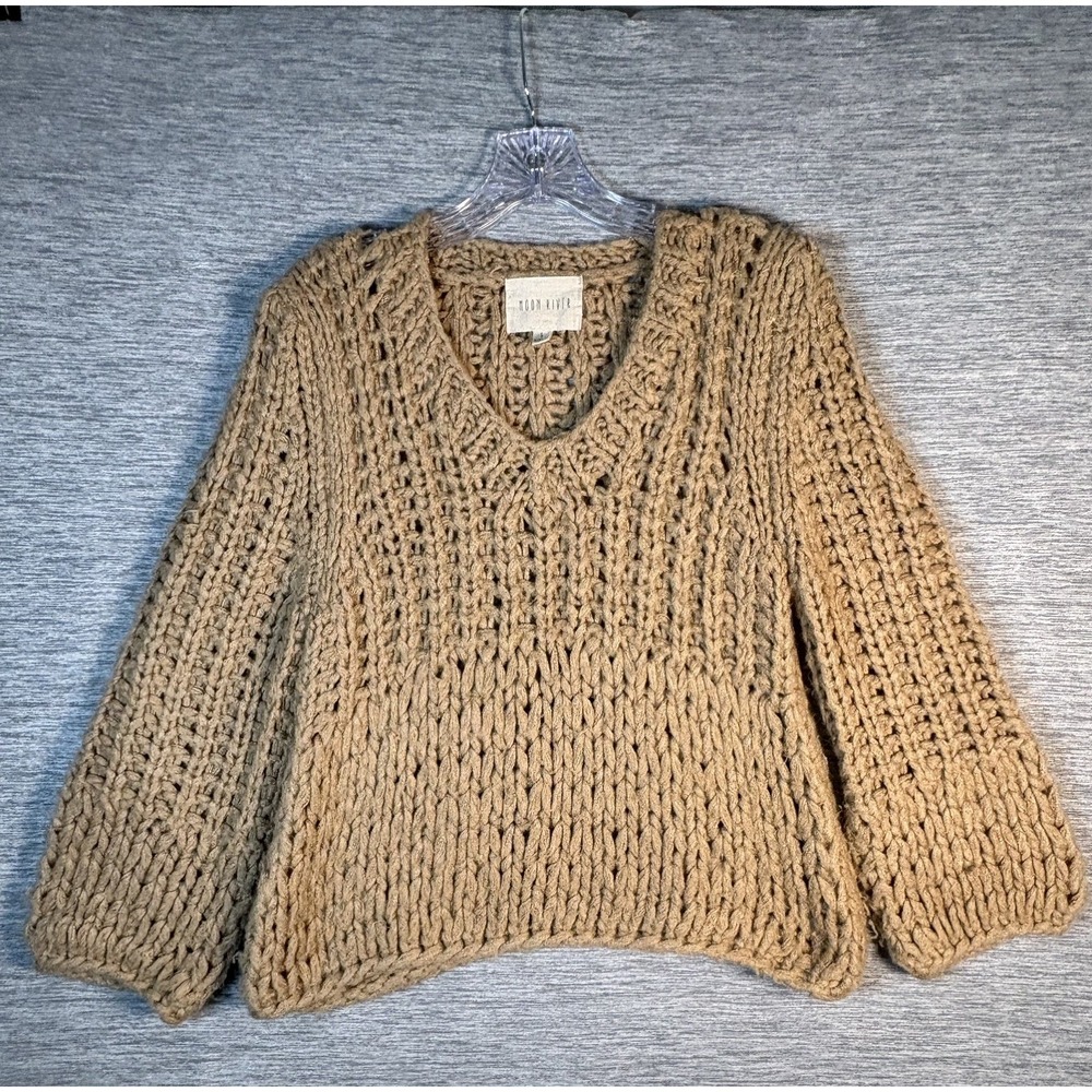 Moon River Delaney Chunky Knit Open Knit Sweater S Brown V-Neck Anthropologie